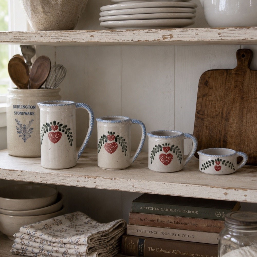 Vintage Ceramic Measuring Cups Set of 4 Folk Art Heart Kitchen Decor 80s